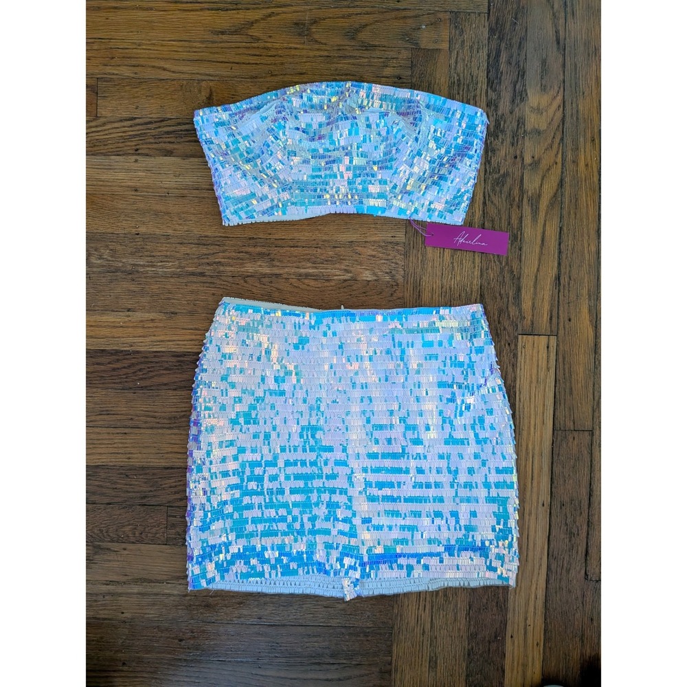 Iridescent Blue Sequin Skirt Set - Strapless Bandeau & Mini Skirt